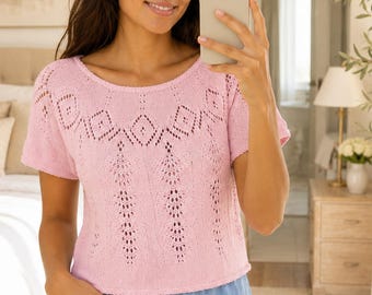 Lace Yoke Knit Top Pattern PDF | Classic Lace Yoke Tee | Top Down Knitting Pattern | Summer Knit Top | Cotton Knit Tee | Pattern XS–XXXL