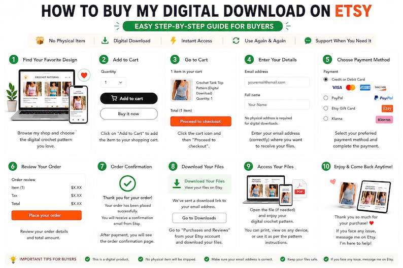 May include: A step-by-step guide on how to buy a digital download on Etsy. The guide includes steps for finding a design, adding to cart, entering details, choosing a payment method, and downloading files. The guide is illustrated with a laptop, phone, and tablet.