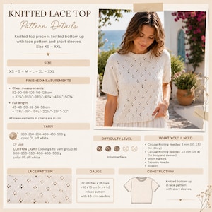 May include: Off-white knitted lace top with short sleeves. The top features a diamond-shaped lace pattern. The pattern details include chest measurements from 32&frac14;" to 50&frac34;" and a full length from 17&frac34;" to 22". The difficulty level is intermediate.