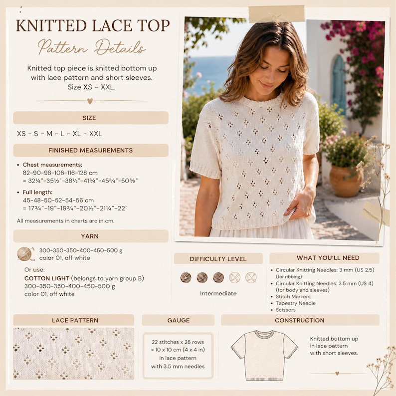 May include: Off-white knitted lace top with short sleeves. The top features a diamond-shaped lace pattern. The pattern details include chest measurements from 32&frac14;" to 50&frac34;" and a full length from 17&frac34;" to 22". The difficulty level is intermediate.