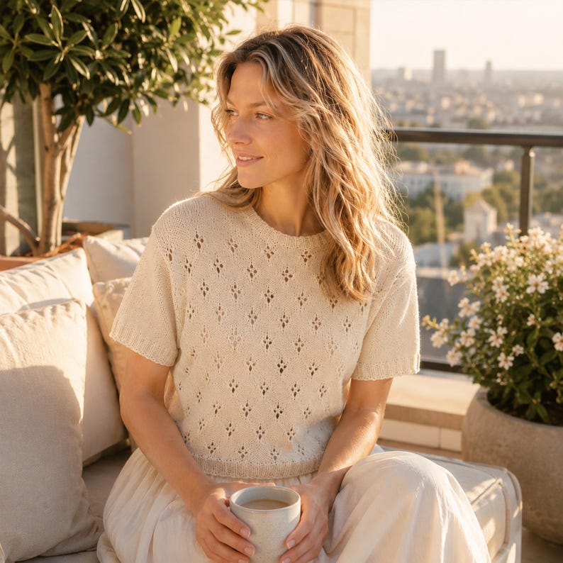 May include: A cream-colored, short-sleeved knit top with a diamond-shaped openwork pattern. The top is paired with a long, cream-colored skirt. A person is holding a ceramic mug with a beverage. The background features a cityscape and potted plants.