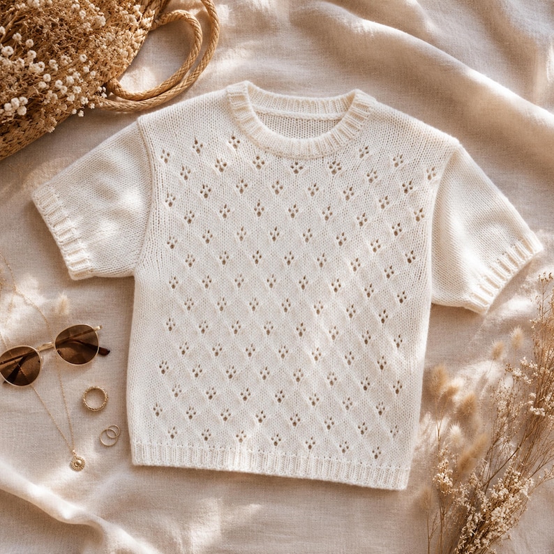 May include: Cream-colored short-sleeved knit top with a diamond pattern. The top has a crew neck and is made of a soft, textured material. The top is displayed on a neutral-colored surface with accessories.