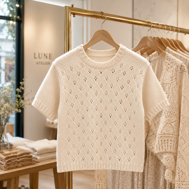 May include: Cream-colored short-sleeved sweater with a diamond-shaped openwork pattern. The sweater is hanging on a wooden hanger. The word "LUNE ATELIER" is visible in the background.