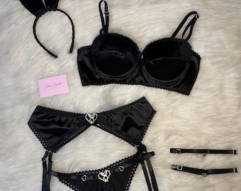 Black Satin Bunny Lingerie Set, 6-Piece Bra, Garter, Thong, Ears