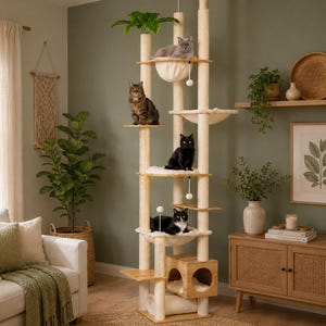 May include: A tall, multi-level cat tree featuring cream-colored plush fabric, light wood platforms, and a square wooden cubby house at the base. The structure includes several perches, hanging toy balls, and soft fabric hammocks for cats to rest.