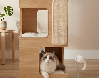 Modern Cat Tree Condo Nightstand – Wooden Cat Furniture Bed with Scratcher Board, Cat Perch, 3-Level Cat Condo with Cushions & Non-Slip Base