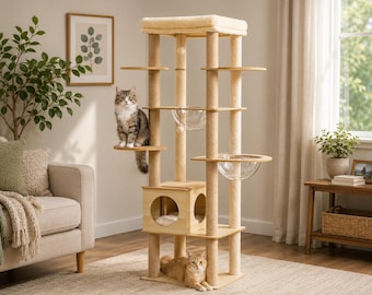 Árbol rascador moderno de madera de 70" con cuencos tipo hamaca de acrílico transparente y percha de sisal.