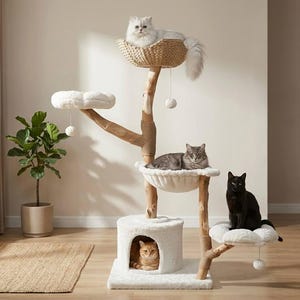 59" Wooden Cat Tree Tower, Wood Floral Cat Tree Tower, Modern Cat Tree, Cat Furniture, Cat Gift, Luxury Cat Condo, Flower Cat Tree, Size XL