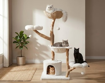Árbol rascador de madera de 150 cm (59"), árbol rascador floral de madera, árbol rascador moderno, muebles para gatos, regalo para gatos, condominio de lujo para gatos, árbol rascador con flores, tamaño XL