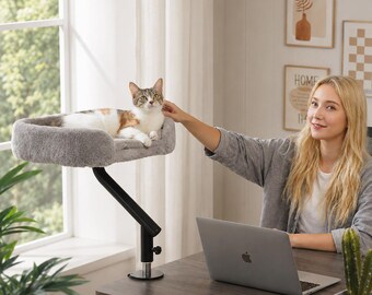 Cama de madera para gatos con forma de escritorio - Cómoda hamaca de tela para tu oficina o para trabajar desde casa.