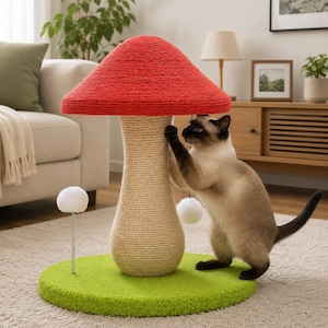 May include: A mushroom-shaped cat scratching post featuring a bright red cap and a beige stem, both wrapped in sisal rope. The base is covered in green carpet-like material and includes a small white pom-pom toy attached to a metal spring.