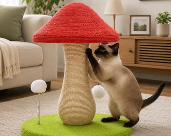 Rascador para gatos con forma de hongo, de cuerda de sisal natural, para juegos en interiores y cuidado de las garras.