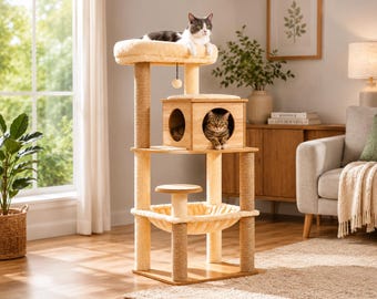 Gran árbol rascador moderno de madera para gatos de 56 pulgadas con hamaca de felpa y postes rascadores de sisal.