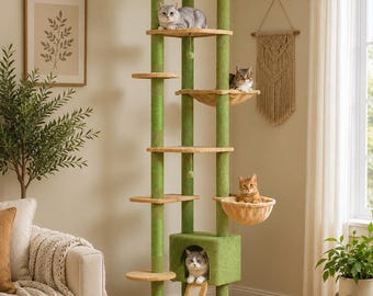 Árbol rascador para gatos de suelo a techo, de sisal y felpa verde con forma de hoja, ideal para gatos grandes de interior.