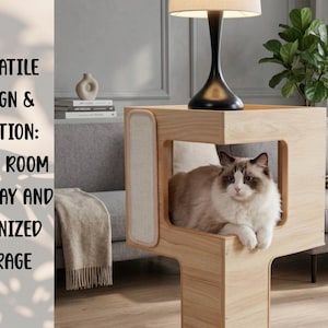 May include: A light wood cat tower with a square cubby and a vertical scratching pad on the side. A fluffy cat rests inside the cubby. Text on the left reads: VERSATILE DESIGN & FUNCTION: AMPLE ROOM FOR PLAY AND ORGANIZED STORAGE.