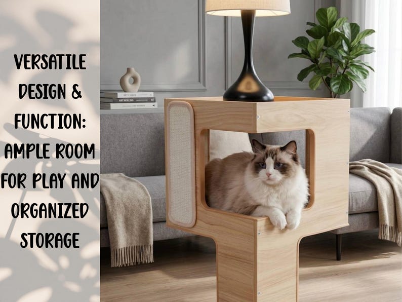 May include: A light wood cat tower with a square cubby and a vertical scratching pad on the side. A fluffy cat rests inside the cubby. Text on the left reads: VERSATILE DESIGN & FUNCTION: AMPLE ROOM FOR PLAY AND ORGANIZED STORAGE.
