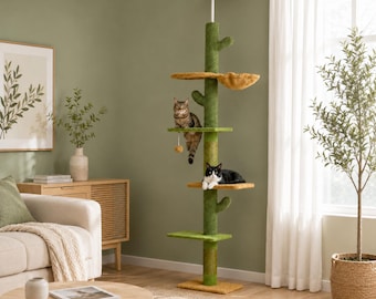Árbol rascador de cactus con cuerda de sisal, torre rascadora de felpa para que los gatitos jueguen en interiores.