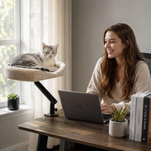 May include: A beige, circular, plush cat perch mounted on a black adjustable arm that clamps to a desk. The perch features a soft, elevated rim and a cushioned base, providing a raised resting spot for a cat next to a laptop and books.