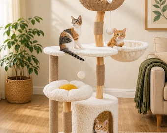 Árbol rascador de lujo para gatos de interior, torre para gatos estilo boho con cesta tejida, casita de felpa suave para gatos, muebles modernos para gatos, percha para gatos con forma de flor