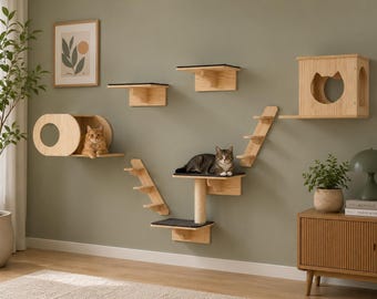 Juego de 7 estantes de pared modernos de madera de pino para gatos, árbol de juegos flotante para gatos de interior.