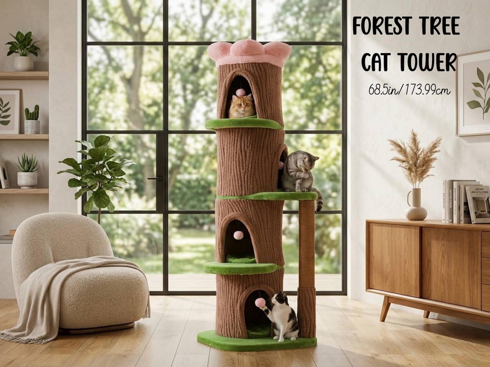 Stable Tree Trunk 68” Tree Trunk Cat Tower With Flower Bed, 4 Large Condos, Modern Cat ...