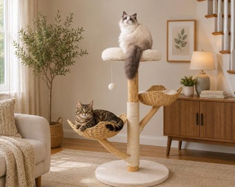 Árbol rascador de madera con cestas de mimbre y cuerda de sisal para gatos grandes de interior.