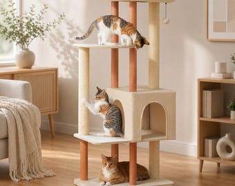Árbol para gatos trepador: Gran árbol moderno de madera con postes rascadores de sisal.