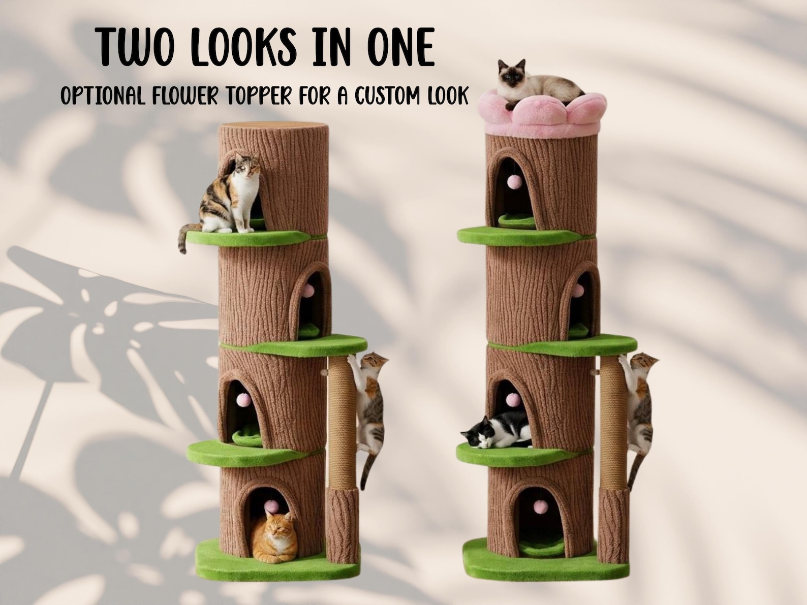 Stable Tree Trunk 68” Tree Trunk Cat Tower With Flower Bed, 4 Large Condos, Modern Cat ...