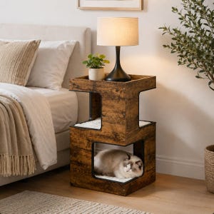 May include: A two-tier wooden cat house side table with a dark brown wood grain finish and black metal frame accents. The top surface holds a lamp and a small potted plant, while the lower level contains a white cushion with a resting cat.