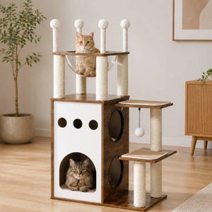May include: A multi-level cat tree with a brown and white finish. The cat tree features a clear bowl, platforms, scratching posts, and a hanging toy. Two cats are resting on the cat tree.