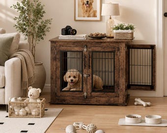 Mesa auxiliar con jaula de madera para perros, mueble de madera para sala de estar con caseta para mascotas de interior.