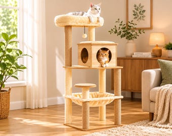 56" Wooden Cat Tree Tower with Sisal Scratching Posts for Indoor Kittens and Large Cats