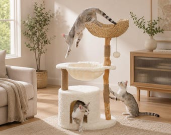 Torre rascador de madera maciza para gatos, acogedora casita tipo cesta tejida, cama para gatos grandes de interior.