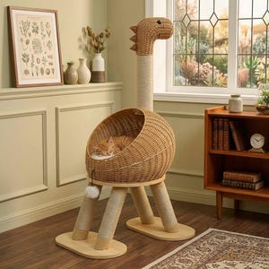 May include: A woven cat bed in the shape of a giraffe. The bed has a round, enclosed sleeping area with a soft cushion, supported by wooden legs wrapped in sisal rope. An orange tabby cat is sleeping inside.