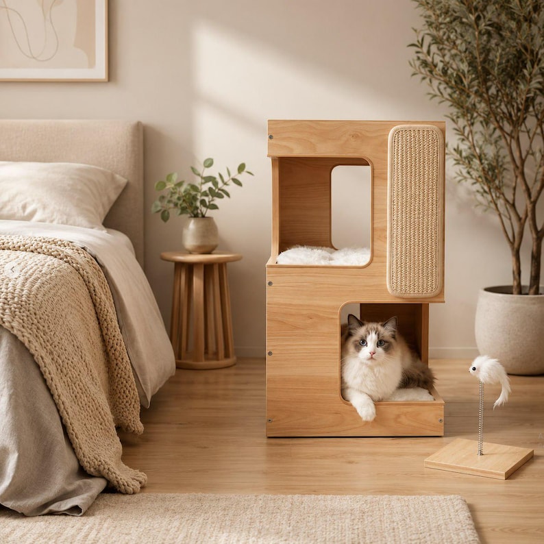May include: A light wood cat tower featuring two levels, a vertical sisal scratching panel on the side, and a fluffy white cushion on the top platform. A long-haired cat with white and brown fur is resting inside the lower open compartment.