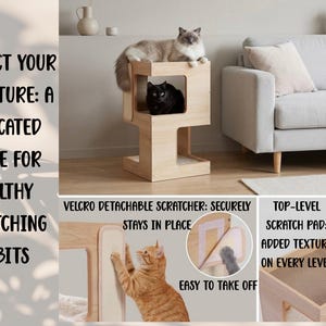 May include: A light-colored wooden cat tower with multiple levels, featuring a square cubby, a top platform, and a detachable scratcher. Text on the image reads: PROTECT YOUR FURNITURE: A DEDICATED SPACE FOR HEALTHY SCRATCHING HABITS, VELCRO DETACHABLE SCRATCHER: SECURELY STAYS IN PLACE, EASY TO TAKE OFF, TOP-LEVEL SCRATCH PAD: ADDED TEXTURE ON EVERY LEVEL.
