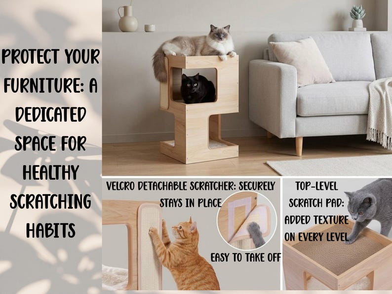 May include: A light-colored wooden cat tower with multiple levels, featuring a square cubby, a top platform, and a detachable scratcher. Text on the image reads: PROTECT YOUR FURNITURE: A DEDICATED SPACE FOR HEALTHY SCRATCHING HABITS, VELCRO DETACHABLE SCRATCHER: SECURELY STAYS IN PLACE, EASY TO TAKE OFF, TOP-LEVEL SCRATCH PAD: ADDED TEXTURE ON EVERY LEVEL.