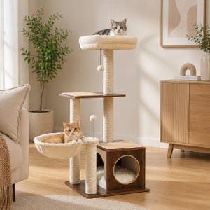 May include: A multi-level cat tree with a plush top perch and a cozy hammock. The cat tree features scratching posts, a cube hideaway, and two cats. The structure is made of wood and beige fabric.