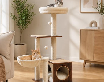 Torre moderna de madera para gatos con postes rascadores de sisal, hamaca de felpa y casita privada.