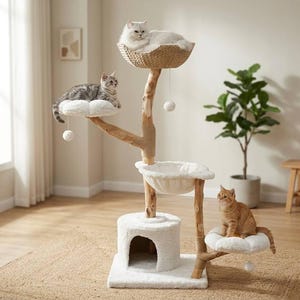 May include: A multi-level cat tree with three cats. The tree has a natural wood finish with platforms, a woven basket, and a cozy cave. The cats are resting on the platforms and in the basket. The tree is on a beige rug.
