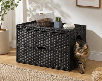 Arenero para gatos de mimbre tejido a mano, mueble escondite con tapa abatible de fácil limpieza.