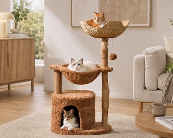 Árbol para gatos de 40 pulgadas, torre de felpa de madera natural, cesta de mimbre, hamaca, condominio para gatos grandes de interior.