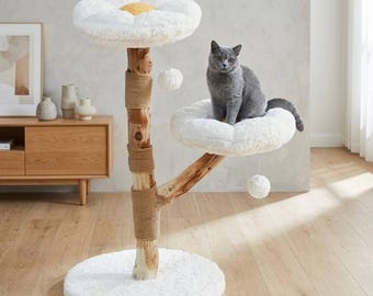 Árbol rascador para gatos con forma de flor y tronco de madera natural, torre estética para gatos de interior, bonito condominio con forma de margarita, poste rascador y cojines lavables.