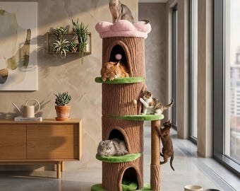 68” Tree Trunk Cat Tower with Flower Bed, 4 Large Condos, Modern Cat Tree for Large Cats, Stable Wood Pet Furniture for Multi-Cat Homes