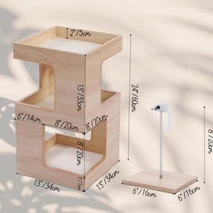 May include: A light wood-grain cat tower with two levels, measuring 24 inches in total height, 13 inches in width, and 13 inches in depth. Beside it is a spring-mounted toy mouse on a 6-inch square base, standing 8 inches tall.
