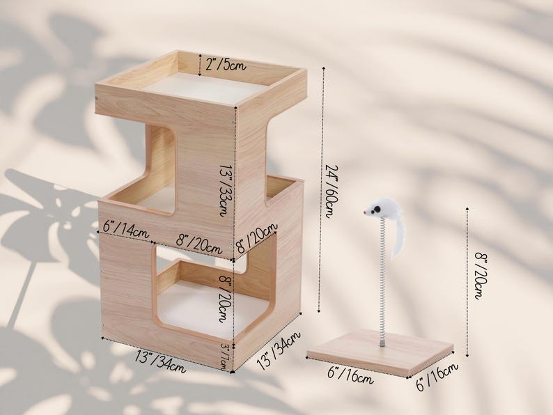 May include: A light wood-grain cat tower with two levels, measuring 24 inches in total height, 13 inches in width, and 13 inches in depth. Beside it is a spring-mounted toy mouse on a 6-inch square base, standing 8 inches tall.