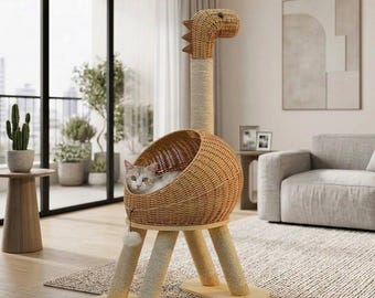 Torre rascador para gatos de ratán con forma de dinosaurio / Casita de mimbre con postes rascadores de sisal / Casita de interior