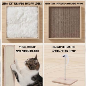 May include: A cat furniture set featuring a square frame with an ultra-soft white faux fur liner, a square frame with a heavy-duty corrugated scratching surface, a vertical sisal scratching wall, and a spring-action teaser toy with a mouse.