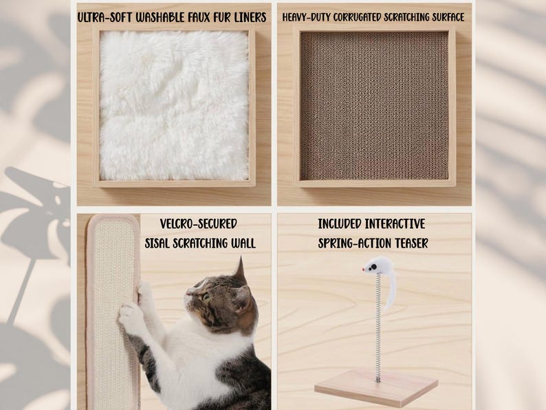 May include: A cat furniture set featuring a square frame with an ultra-soft white faux fur liner, a square frame with a heavy-duty corrugated scratching surface, a vertical sisal scratching wall, and a spring-action teaser toy with a mouse.