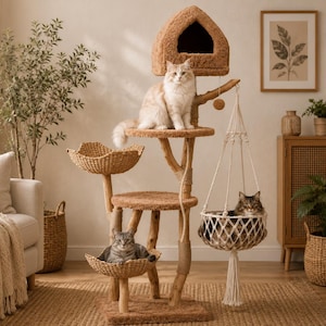 May include: A multi-level cat tree featuring a brown carpeted base, platforms, and a top house. It includes two woven basket-style perches, a hanging macrame hammock with a cat inside, and a central wooden post structure with a cat sitting on top.